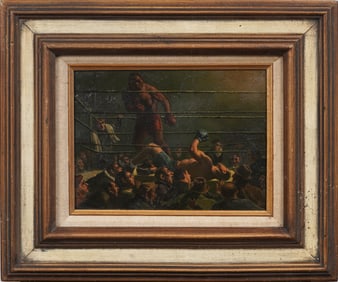 Dramatic Vintage American Sporting Art Boxing Match Knockout Under Ring Lights Ashcan Oil Painting