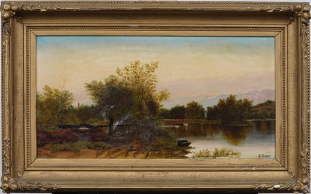 H Perrin Antique Signed American 19th Century Hudson River Landscape Oil Painting in Gilt Frame