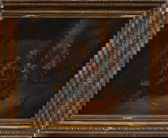 ATTR David Teniers Signed Old Master Tavern Scene Interior View Oil Painting on Panel Framed