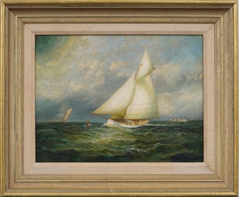 Vintage American School Maritime Seascape Nautical Sailboat Race Framed Oil Painting