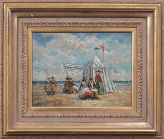 Vintage French Impressionist Coastal Beach Scene in Period Dress Oil Painting on Canvas Framed