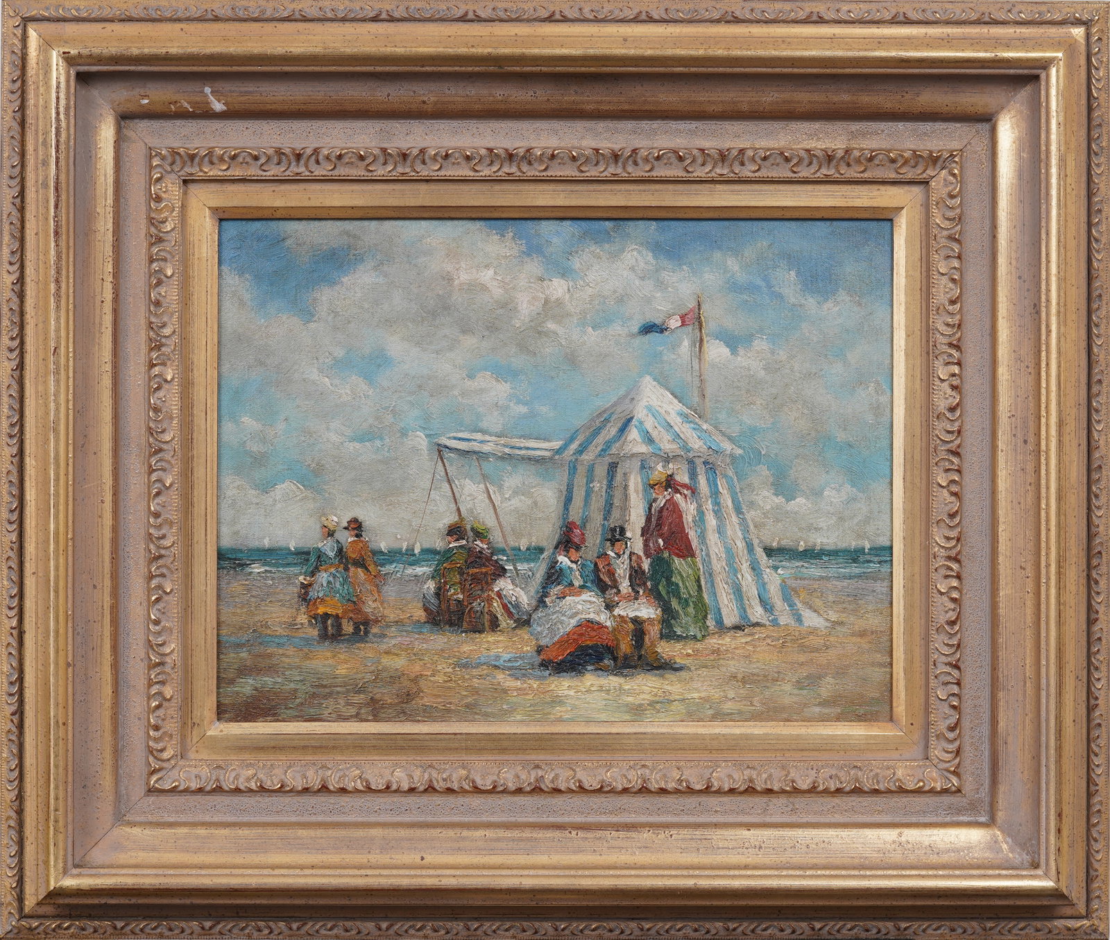 Vintage French Impressionist Coastal Beach Scene in Period Dress Oil Painting on Canvas Framed: Vintage European beach scene oil painting. Measuring: 22 by 26 inches overall, and 12 by 16 painting alone. Please see all images for condition. Size is measured and written on the back of the paintin
