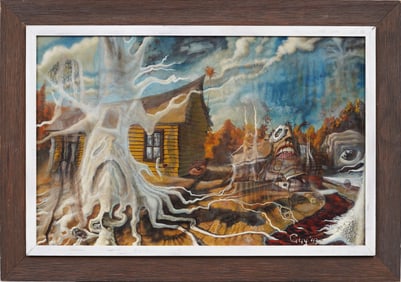James Meikle Guy (1909 - 1983) Signed 1943 Vintage Surrealist Landscape Oil Painting Framed