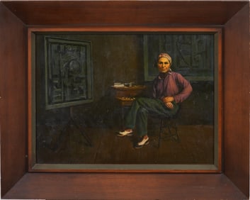 Louise Nevelson (1899 - 1988) Vintage Realist Portrait Interior Scene Oil Painting on Board Framed