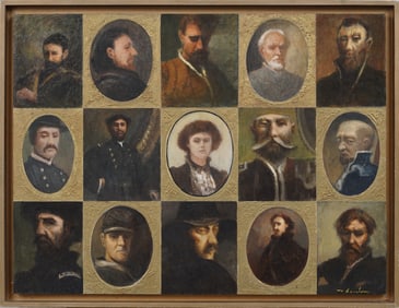 Signed "Thomson" Large Multi Portrait Oil Painting Panel of fifteen Historical Figures  Framed