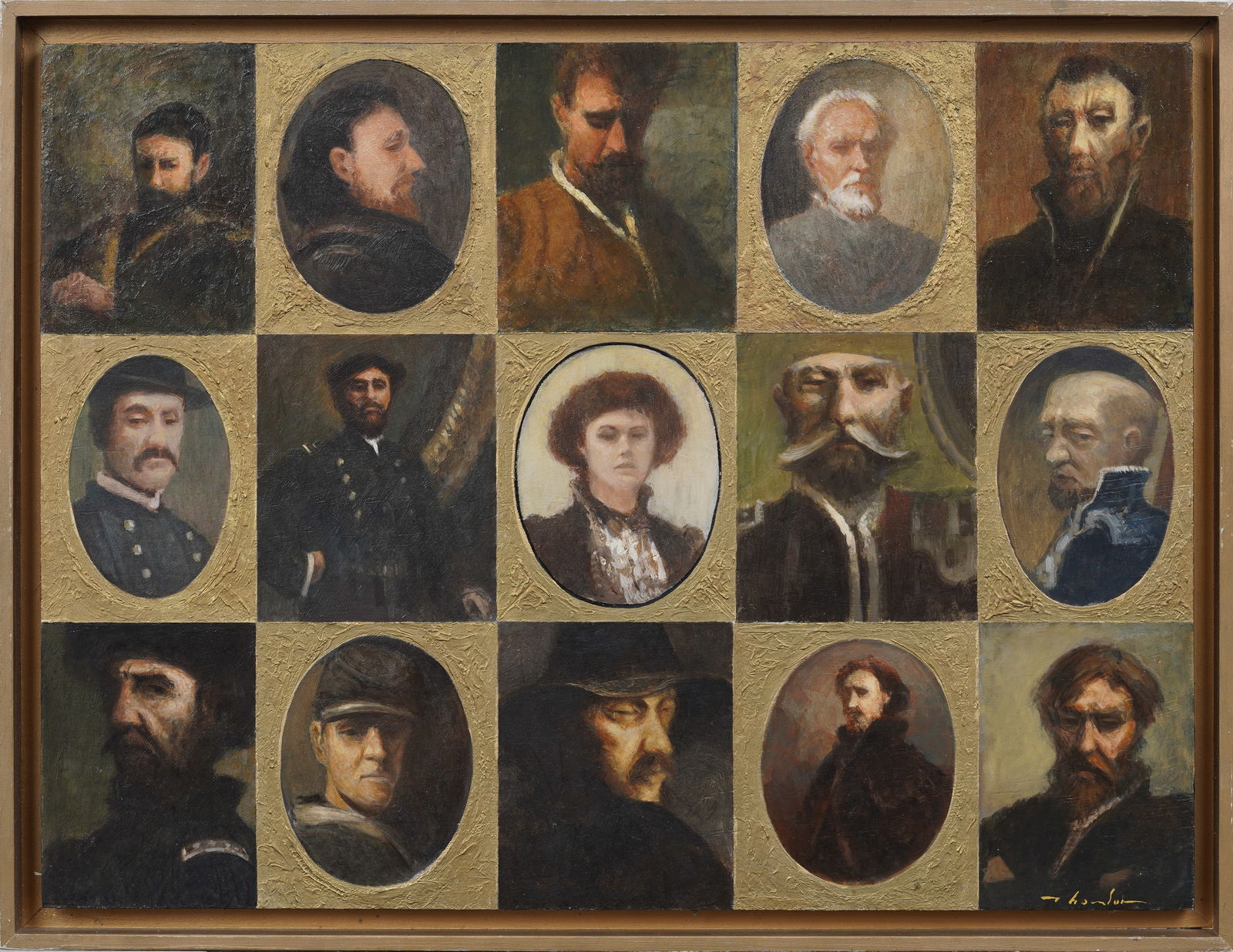 Signed "Thomson" Large Multi Portrait Oil Painting Panel of fifteen Historical Figures  Framed (1 of 9)