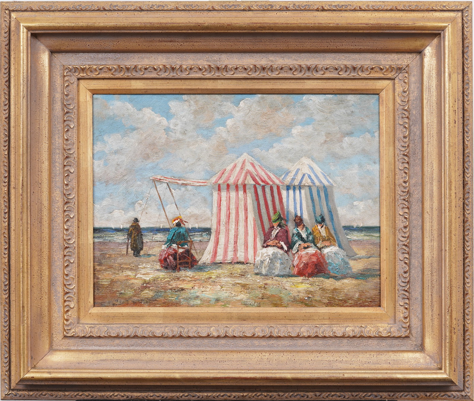 Vintage French Impressionist Coastal Beach Scene Framed Oil Painting on Canvas: Vintage French oil painting. Framed. Measuring: 22 by 26 inches overall, and 12 by 16 painting alone. Please see all images for condition. Size is measured and written on the back of the painting or n