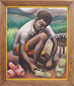 Rene Exume (1929-2016)Vintage Haitian Scene of Boy Making Sandals Modernist Oil Painting on Board