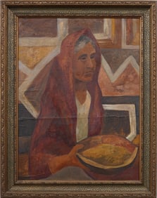 Vintage Taos New Mexico Woman Portrait Modernist Earth Toned Framed Oil Painting