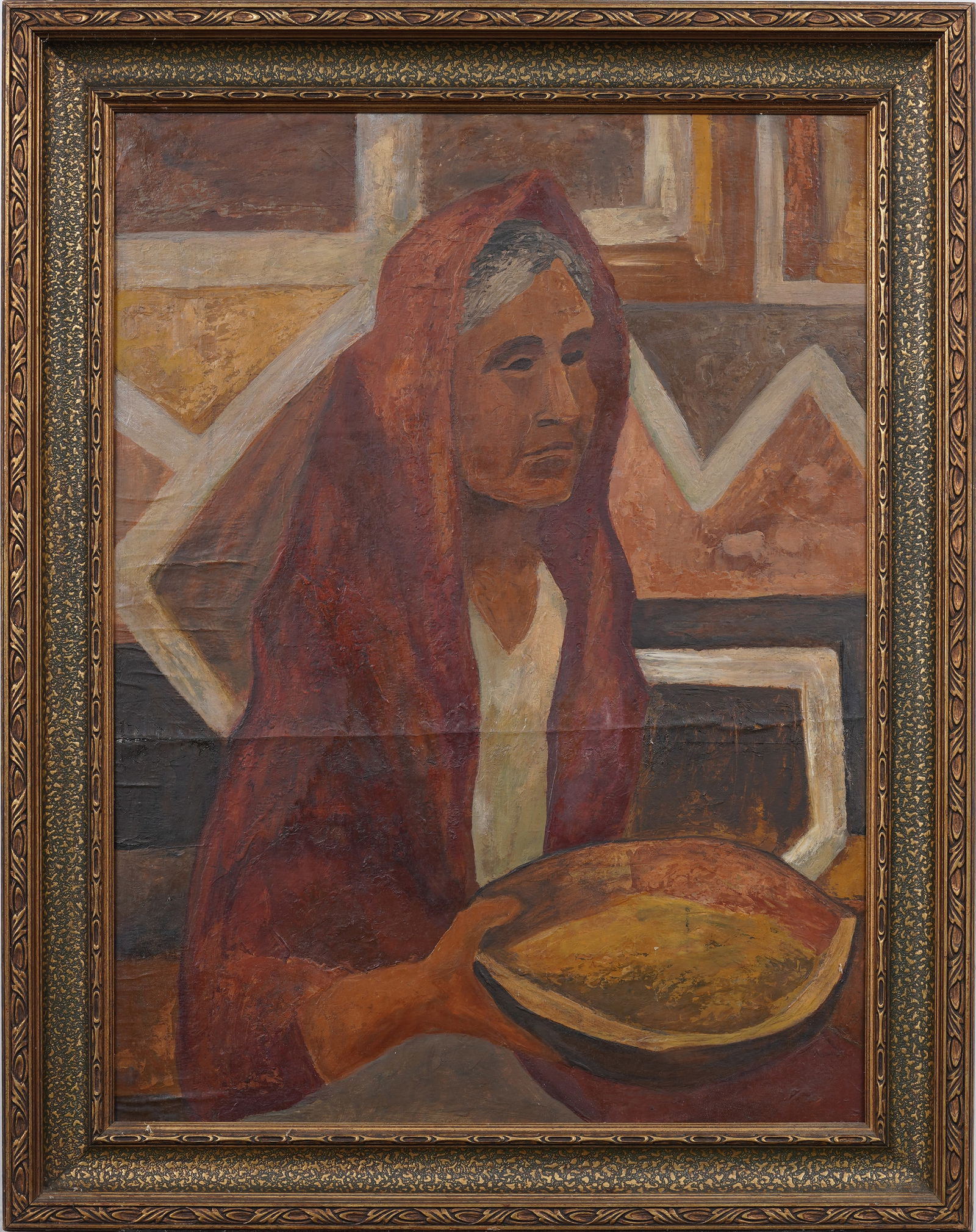 Vintage Taos New Mexico Woman Portrait Modernist Earth Toned Framed Oil Painting (1 of 7)