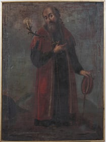 Antique 18th /19th Century European Religious Portrait of Saint Holding a Lily Oil Painting