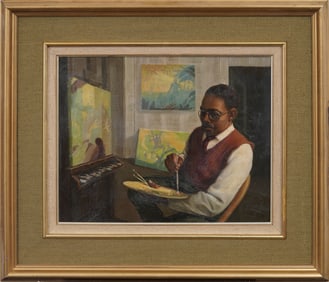 Aaron Douglas Realist Black Male Modernist Artist  Portrait in Studio Framed Incredible Oil Painting