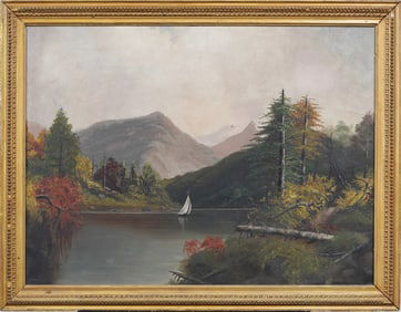 Antique 19th Century American Hudson River School Mountain Landscape  Framed Oil Painting
