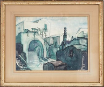 William Joseph Eastman (1888-1950) Vintage American Watercolor Mexican Village Painting Framed