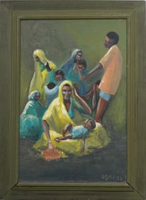 Signed G. Schloss Modernist Vintage  African Modernist Family Portrait Framed Oil Painting