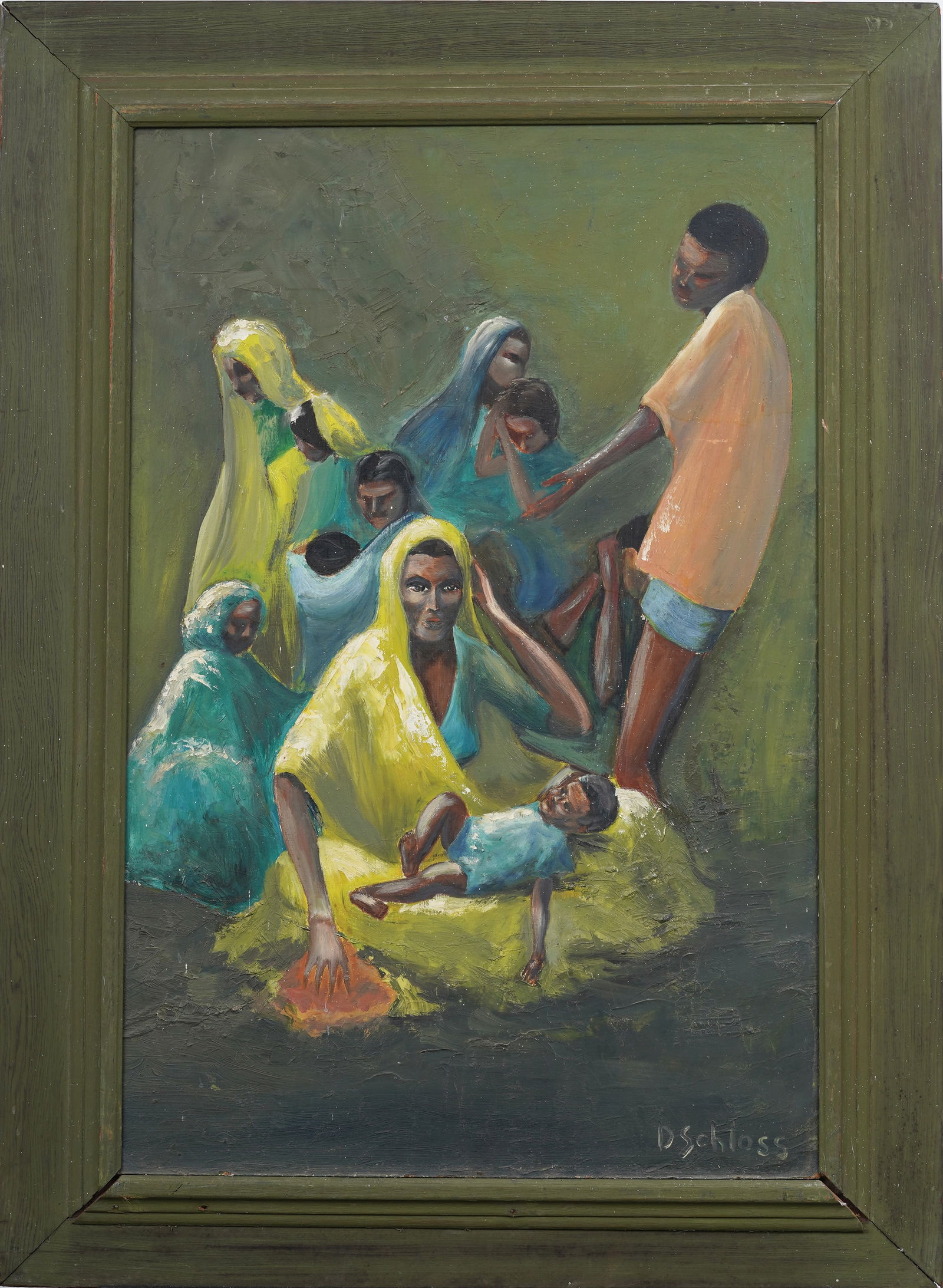 Signed G. Schloss Modernist Vintage African Modernist Family Portrait Framed Oil Painting: Vintage oil painting. Signed. Measuring: 30 by 22 inches overall, and 24 by 16 painting alone. Please see all images for condition. Size is measured and written on the back of the painting or next to