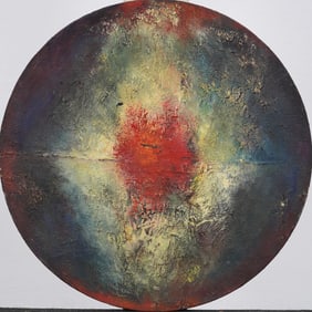Ellen Shire ca.1988 Vintage Abstract Circular Textured Cosmic Oil Painting