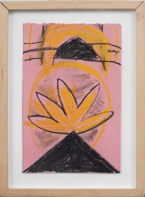 Judith Russell Signed Vintage Modernist Abstract Geometric Pastel Drawing on Pink Paper