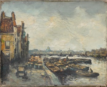 Vintage 19th/20th Century European Impressionist Harbor Landscape Oil Painting on Canvas