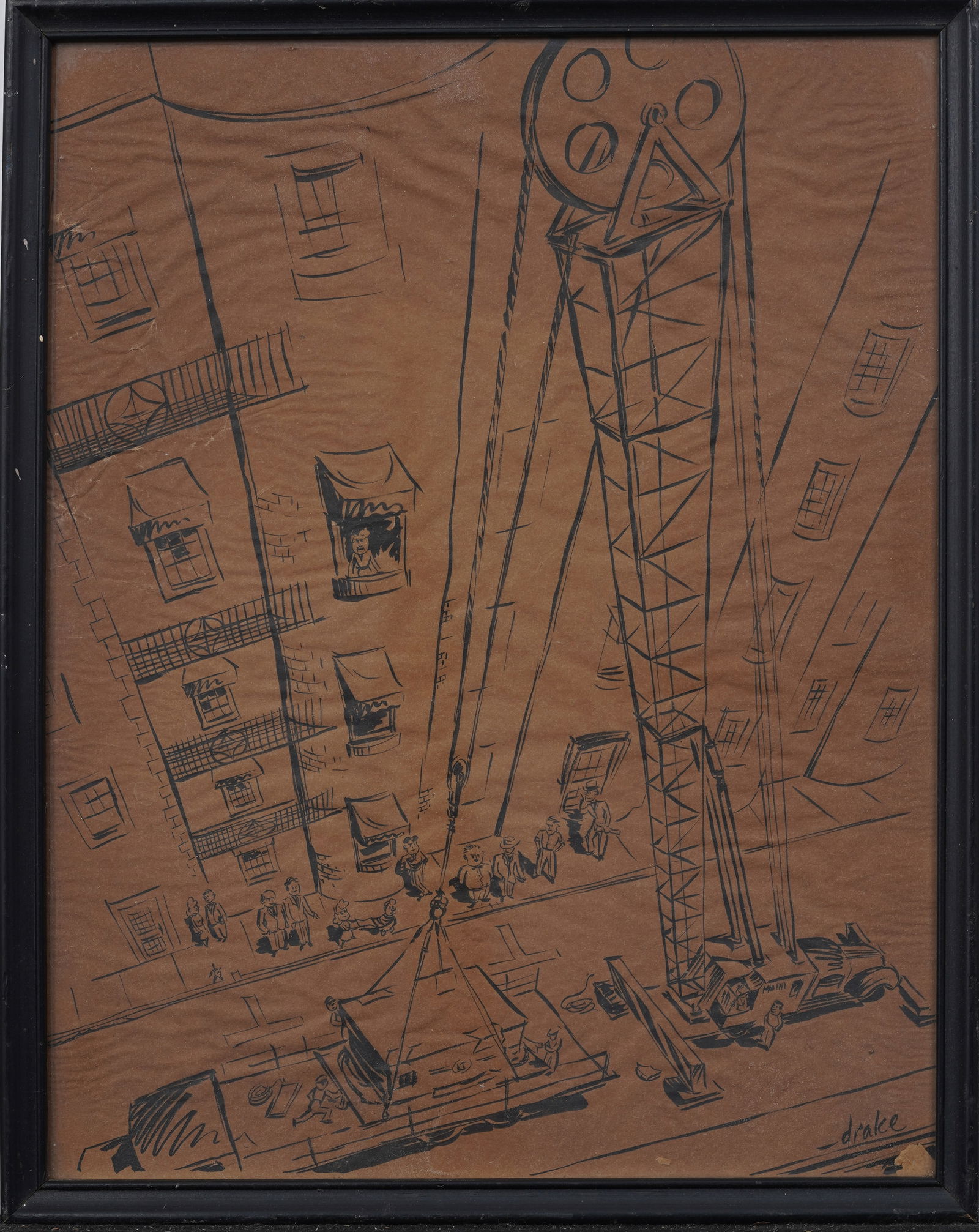 William Drake (1891-1979) Antique Cityscape American Canadian Modern Construction Painting: William Alexander Drake (1891-1979) Vintage American/Canadian mixed media painting. Signed. Measuring: 14.5 by 11.5 inches overall, and 14 by 11 painting alone. Please see all images for condition. Si