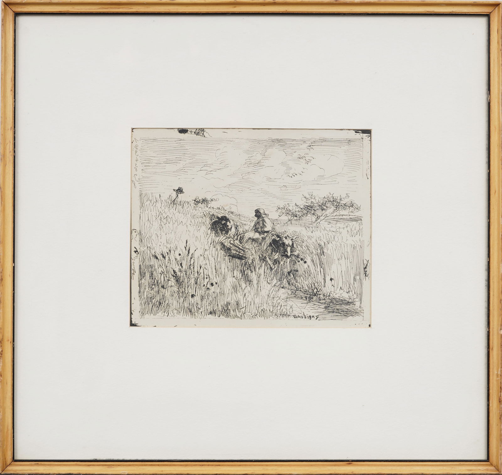 Charles Daubigny (1817-1878) "Path in the Cornfield" French Antique Pastoral Landscape Sketch in Ink: Charles Daubigny (1817-1878) "Path in the Cornfield" French Antique Pastoral Landscape in pen and ink. Signed. Measuring: 15 by 16 inches overall, and 6 by 7.5 painting alone. Please see all images fo