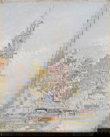 Signed Antique American Impressionist Sparse Cityscape with Dock Scene Oil Painting