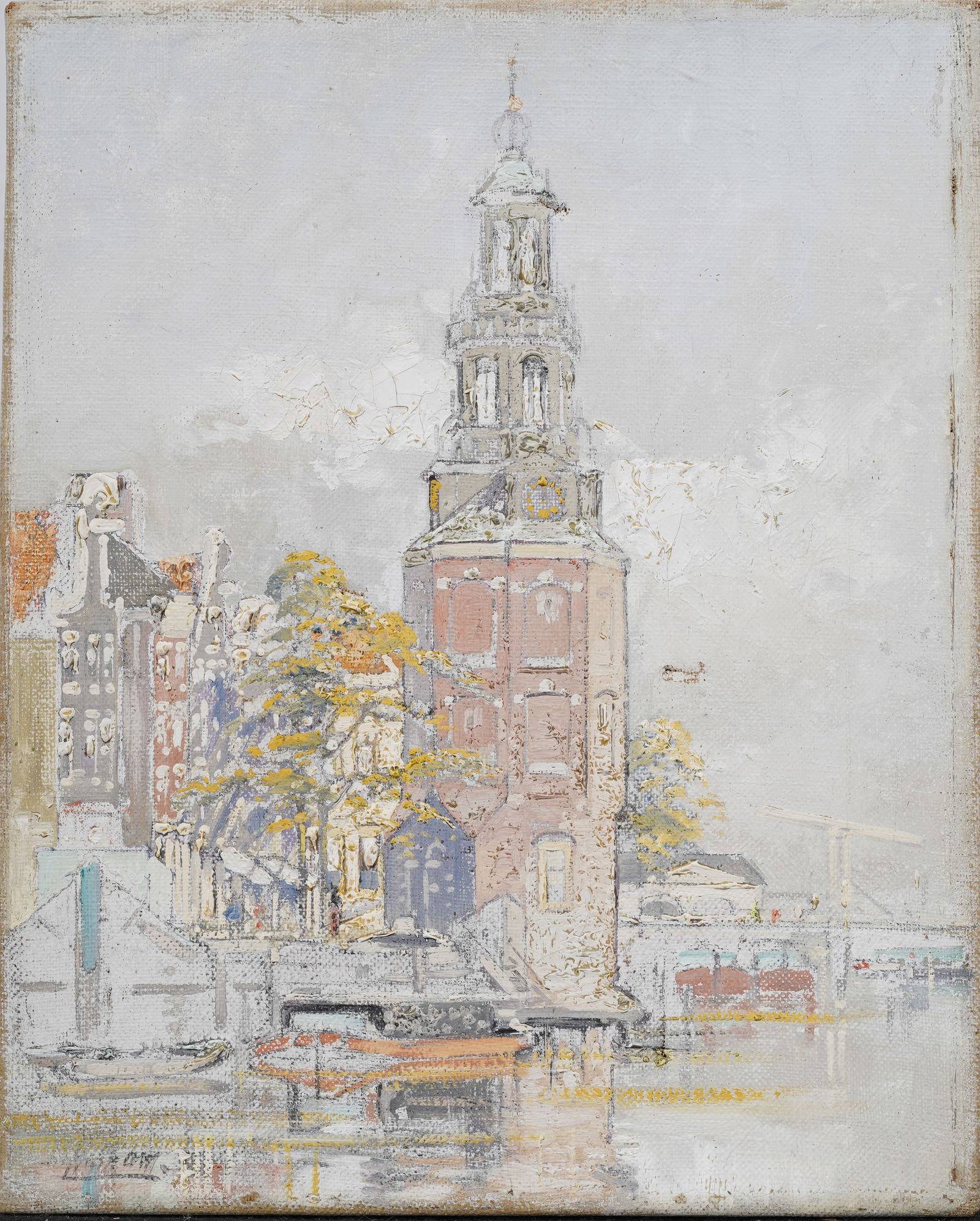 Signed Antique American Impressionist Sparse Cityscape with Dock Scene Oil Painting (1 of 7)