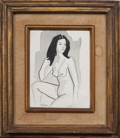 Signed Vintage American Monotone Portrait of Woman Framed Mixed Media Painting on Canvas