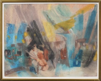 Signed Mid Century Abstract Expressionist Framed Mixed Media Painting Of Cellist and Composer