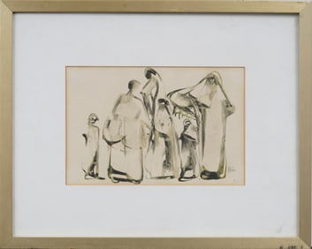 Salah Taher (1911 - 2007) Signed Egyptian Mid-Century Modern Abstract Figurative Framed Ink Drawing