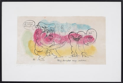 Signed Vintage Erotic Surrealist Satirical Watercolor and Ink Spanish Caricature
