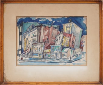 Frank Hanley (b1895) Vintage West Village NYC Mid Century Modern Watercolor Cityscape Painting