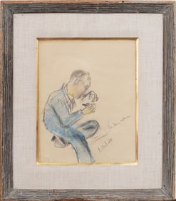 Signed Vintage  Figurative Pastel Drawing of Seated Man in Contemplation Heydenryk Frame