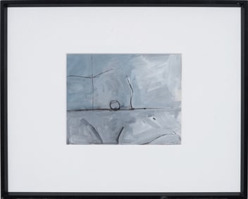 Signed 20th Century Minimalist Abstract Linear Form Gray Blue Palette Framed Mixed Media Painting