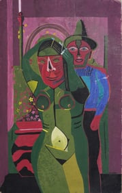 Signed Vintage Mid Century Modernist Figurative Fauvist Nude Woman Cubist Portrait