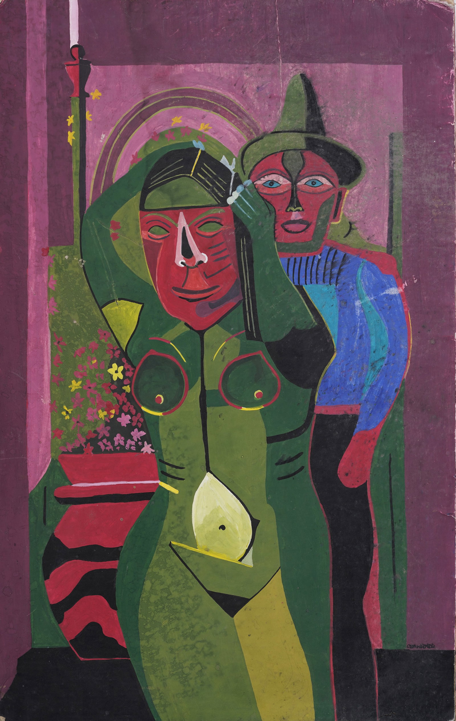Signed Vintage Mid Century Modernist Figurative Fauvist Nude Woman Cubist Portrait: Signed vintage modernist painting. Oil on board. Measuring: 19 by 12 inches overall. Please see all images for condition. Size is measured and written on the back of the painting or next to each objec