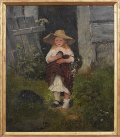 Antique 19th Century American Farmyard Scene Young Girl Portrait SIGNED Framed Oil Painting