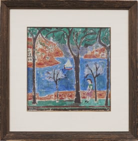 Vintage American Modernist Coastal Fauvist Landscape With Figure Framed Mixed Media Painting