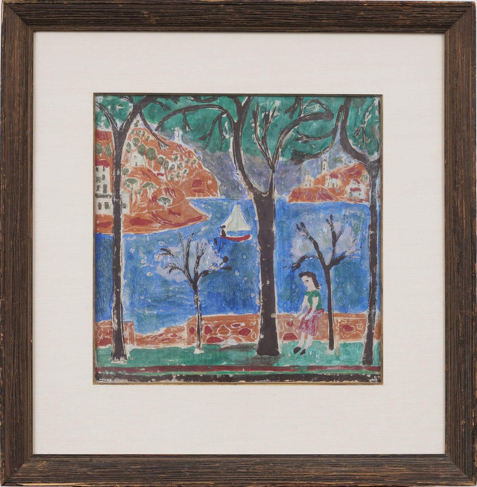 Vintage American Modernist Coastal Fauvist Landscape With Figure Framed Mixed Media Painting (1 of 10)
