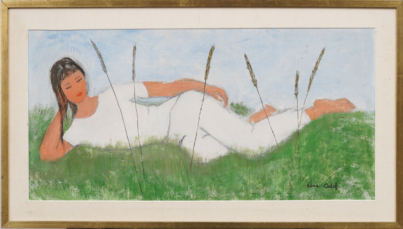 Signed Vintage Latin American Modernist Reclining Woman Landscape Portrait Framed Oil Painting: Vintage American oil painting. Signed. Measuring: 15 by 27 inches overall, and 12 by 24 painting alone. Please see all images for condition. Size is measured and written on the back of the painting or