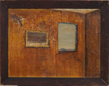 Vintage American Modernist Trompe L'Oeil Interior Scene Monogrammed MCMC Oil Painting