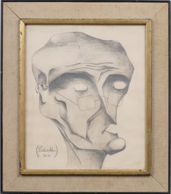 Vintage American Modernist Signed "Richard 66" Framed  Surreal Portrait Drawing
