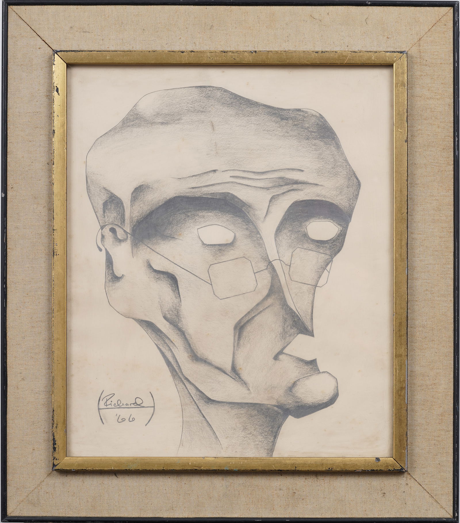 Vintage American Modernist Signed "Richard 66" Framed  Surreal Portrait Drawing (1 of 6)