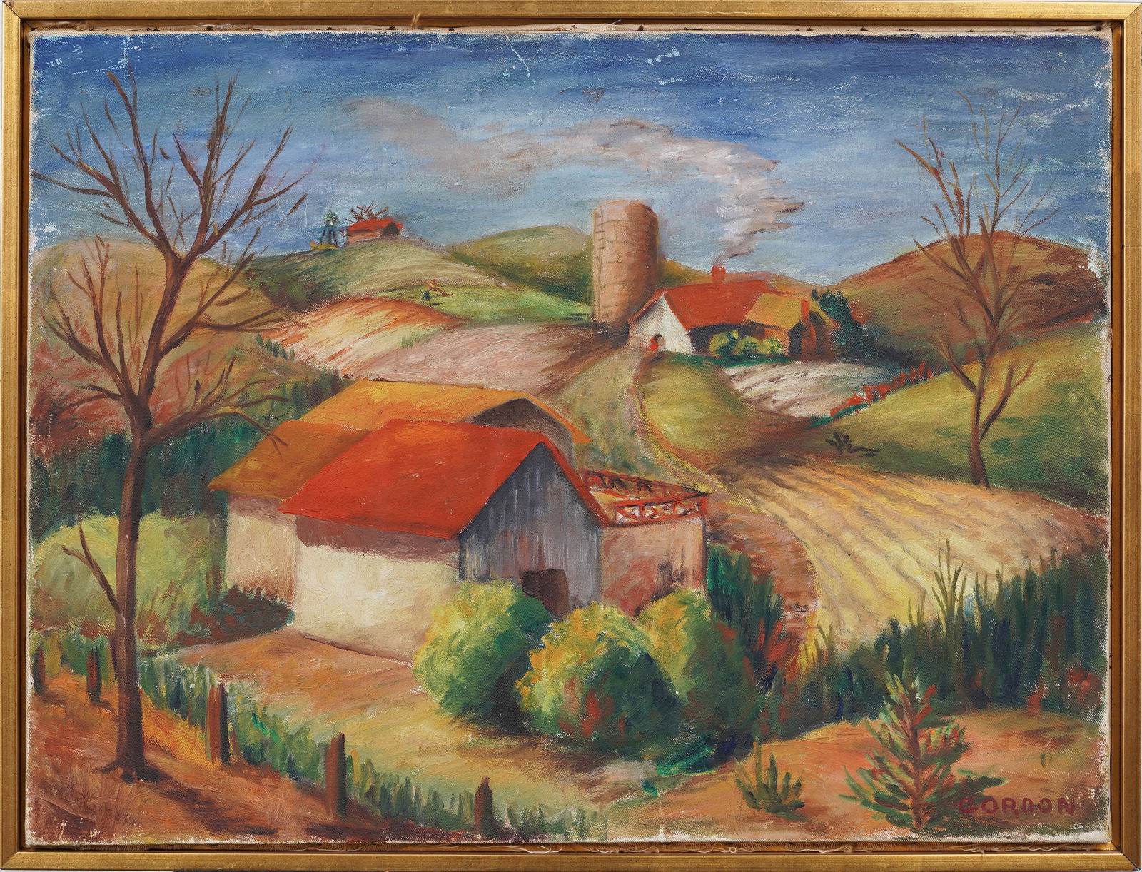 Signed Gordon Vintage American Modernist Farm Landscape Framed Oil Painting (1 of 7)