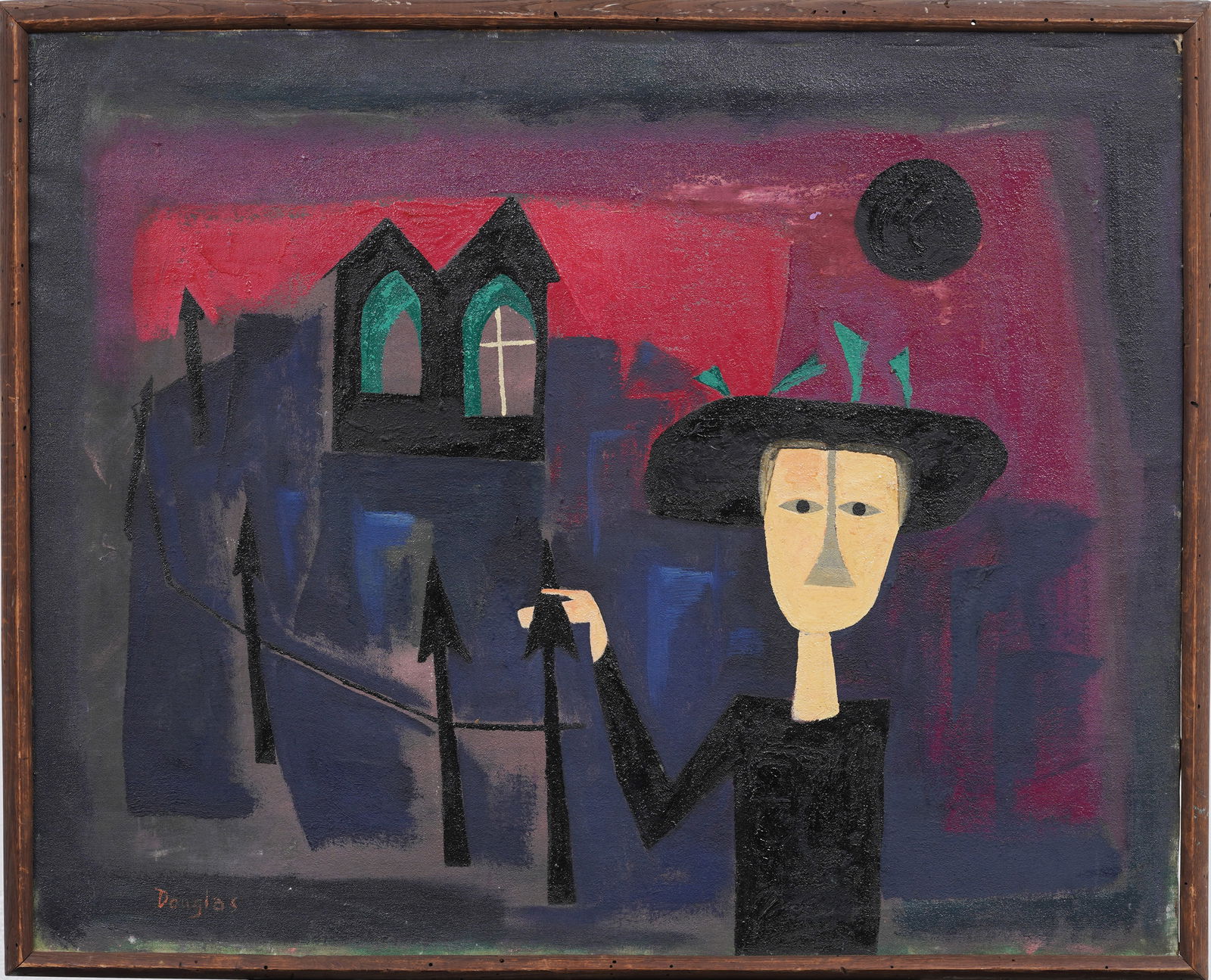 Vintage American Modernist Outsider Folk Art Portrait Oil Painting Signed "Douglas" (1 of 7)