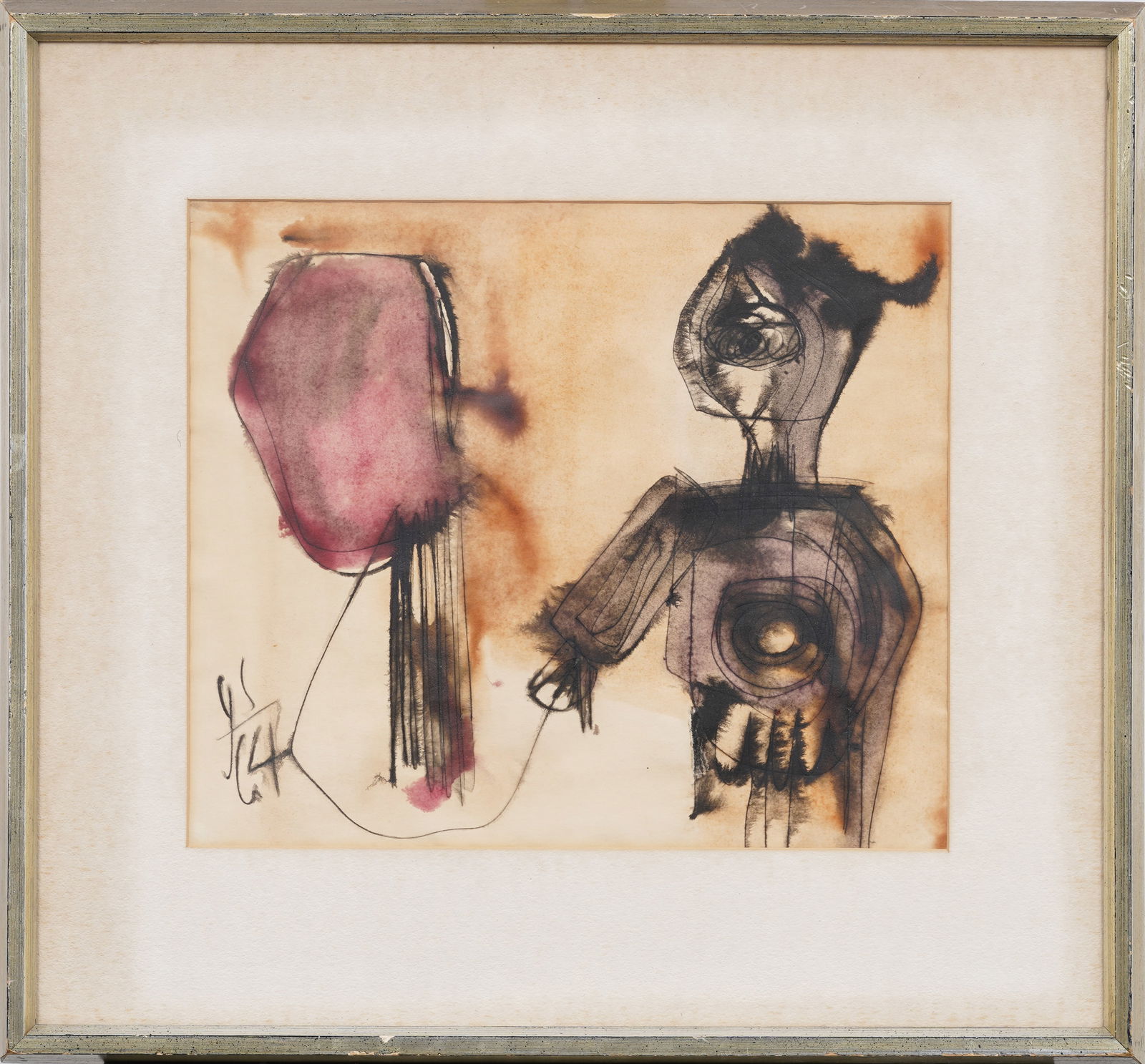 Vintage American Modernist Signed Abstract Figural Mixed Media Framed Painting (1 of 7)