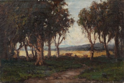 Antique Signed American Impressionist Mountain Landscape Cattle Grazing Oil Painting