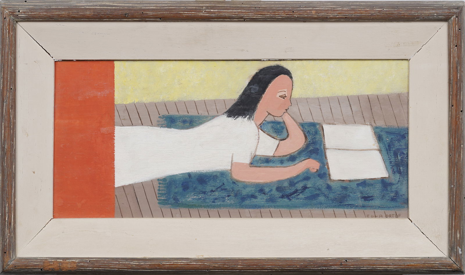 Edna Ortof Vintage American Modernist Girl Reading Interior Scene Framed Oil Painting (1 of 6)