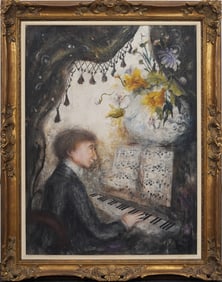Large Vintage American Modernist Monogrammed Piano Player Portrait Framed Oil Painting