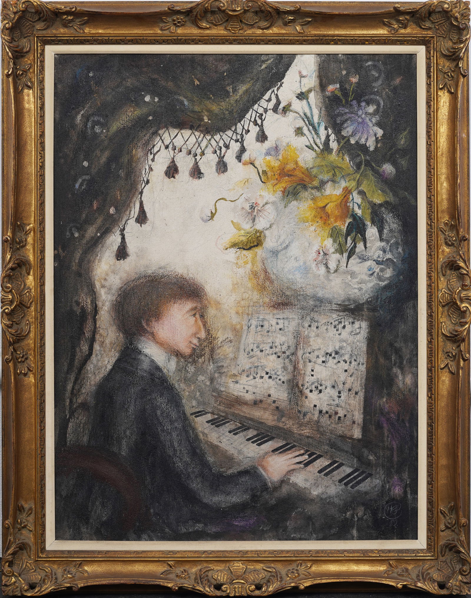 Large Vintage American Modernist Monogrammed Piano Player Portrait Framed Oil Painting: Vintage American modernist portrait oil painting. Signed. Measuring: 48 by 38 inches overall, and 40 by 30 painting alone. Please see all images for condition. Size is measured and written on the back